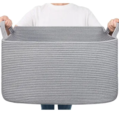 Obrázek produktu pro Koš na prádlo, 65 litrů, šedý, rozměry 55x38x29 cm, pletený, s rukojeťmi, úložný košík, vhodný do dětského pokoje, na hračky