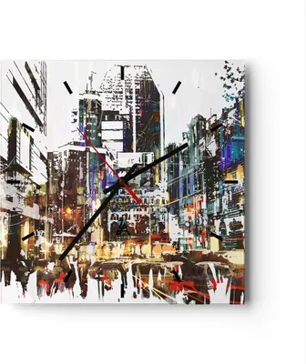 Produktbild von Wanduhr - Quadrat - Glasuhr - Stadt Straße Haus - 40x40cm - Schleichendes Uhrwerk - Lautlos - zum Aufhängen bereit - Dekoration Modern - Wanddekoration aus Glas - C3AC40x40-3800
