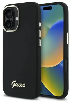 Image de Coque en silicone Guess avec logo et bordure métalliques pour iPhone 16 Plus - noir