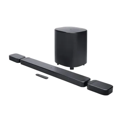 A black soundbar system with a wireless subwoofer and remote, displayed on a white background.
