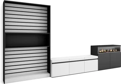 Produktbild von Wohnwand Wohnzimmer, 360x35x186cm, Für TV-Geräte bis zu 65", Elektrokamin, Weiß und Schwarz