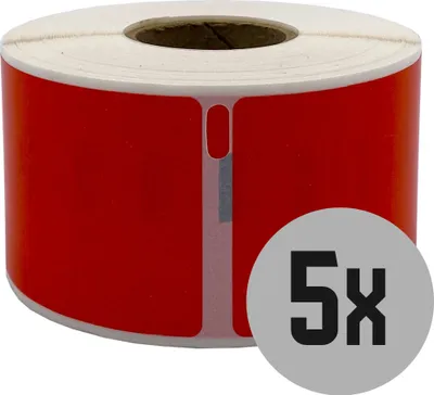 Produktbild von DULA Etiketten - Kompatibel mit Dymo Compatible labels - Rood - 99012 - S0722400 - Adresetiketten - 5 rollen - 36 x 89 mm - 260 labels per rol
