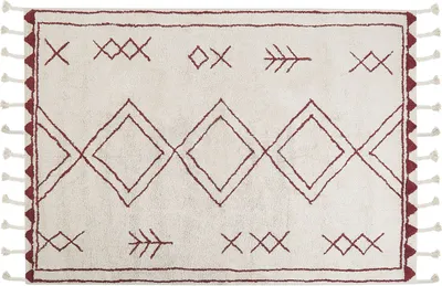 Produktbild von BELIANI Teppich Weiß/Rot aus Baumwolle 140 x 200 cm geometrisches Muster Rechteckig Kurzflor im Boho-Stil Wohn- und Schlafzimmer