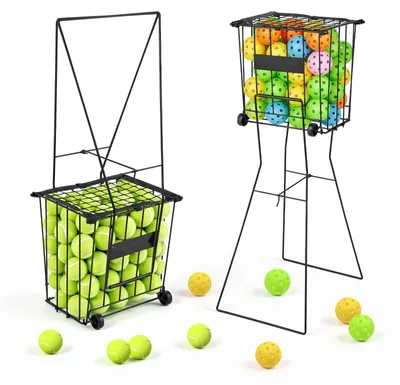 Produktbild von Tennisballkorb mit Rollen - Tennisballwagen & Ballsammler - Fassungsvermögen 75 Bälle - Klappbarer Rahmen - Kohlenstoffstahl - Für Training & Platzpflege - Schwarz