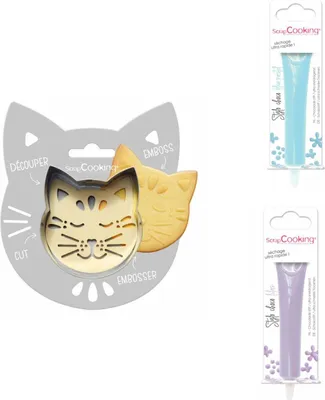 Produktbild von Relief-Kekspackung für Katzen + 2 pastellblaue und fliederfarbene Schokoladenstifte
