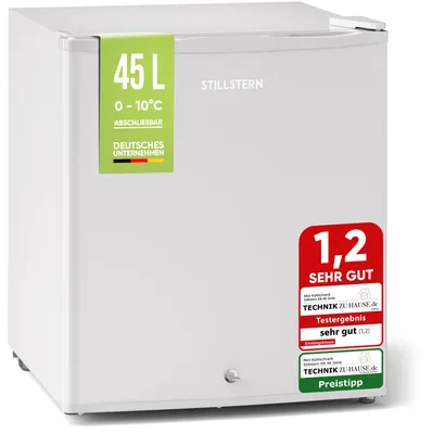 Produktbild von Stillstern Mini Kühlschrank E 45L, Abtauautomatik, Schloss, Frostfach, Leise, Ideal für Küche, Büro, Schlafzimmer, Hotels und kleine Wohnungen Kühlschrank klein Minibar Getränkekühlschrank R600A, Weiß