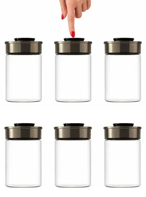 Produktbild von BURI Vorratsglas Vakuumglas 6er Set 1300ml | Vorratsdosen Glas mit Edelstahl Deckel & Vakuum Klick-Mechanismus | Luftdicht mottensicher auslaufsicher stapelbar spülmaschinenfest