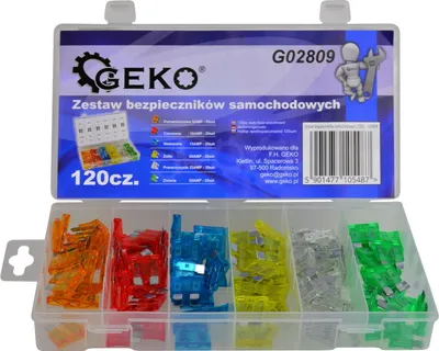 A clear, well-lit image of a set of car fuses in a transparent plastic organizer case. The case is open, showing the different colored fuses neatly arranged in compartments.