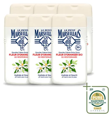 Image de 6 x Crème douche Le Petit Marseillais, fleur d'oranger, hydratante, 250 ml, pack économique, 6 pièces