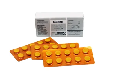 A box of Gastrosel tablets and three blister packs of the same tablets are shown against a white background.