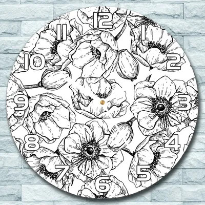 Produktbild von Wanduhr aus Glas Rund fi 30 Schwarzweißer Blumen Quarz Deko Wohnzimmer Büro