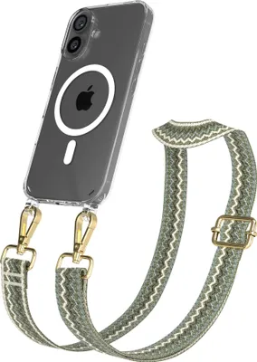 Produktbild von EAZY CASE - Handykette mit MagSafe Hülle für Apple iPhone 16, Handyband Wave Style, Karabiner Gold, Umhängeband in Grün