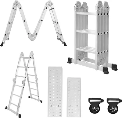 Obrázok produktu pre LZQ 340 cm hliníkový lešenársky rebrík Viacúčelový rebrík Multifunkčný kombinovaný rebrík Skladací lešenársky rebrík s 2 ks plošiny (strieborný, 4 × 3 kroky)