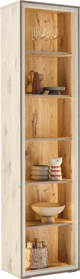 Produktbild von Wohnzimmer-Vitrine mit 50 cm Breite in Eiche und weiß, mit 6 offenen Fächern & LED-Beleuchtung - SAGUNTO-05