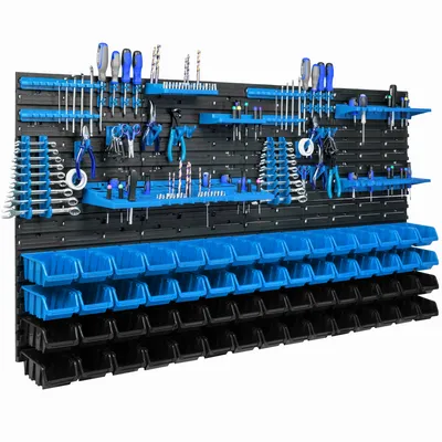 Zdjęcie produktu dla System przechowywania narzędzi na ścianie 156 x 78 cm z 60 plastikowymi pojemnikami