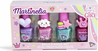 A box of Martinelia nail polish and rings for children, featuring colorful designs and cartoon characters.