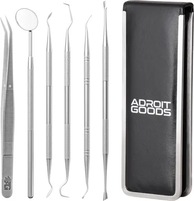 Obrázek produktu pro AdroitGoods 7dílná nerezová zubařská sada - včetně háčku a zrcátka - Zubní párátka - Zubní plak - Sada pro péči o zuby