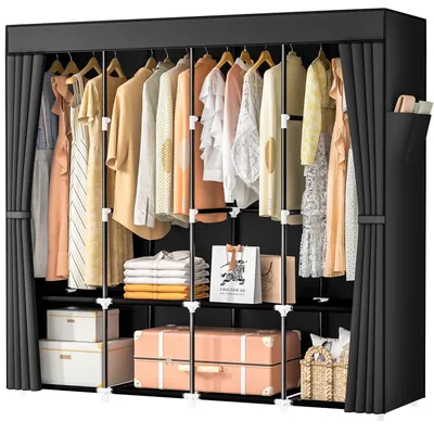 Immagine prodotto di Armadio portatile in tessuto con 4 aste appendiabiti e 8 scomparti, stabile, pieghevole, con copertura, colore nero, dimensioni 168x43x162 cm
