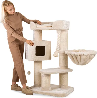 Produktbild von HAPPYPET Kratzbaum 118 cm hoch für große Katzen - Katzenbaum Stabil, Maine Coon, ca. 15 cm Dicke Sisal-Säulen, Liegemulde, Katzenhaus, Massiv, Creme