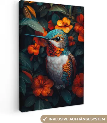 Produktbild von Leinwandbilder 80x120 cm - Tiere, Blumen - Kolibri, Bilder Wohnzimmer Modern, Wanddeko