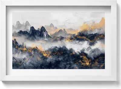 Produktbild von Abstrakte Landschaft mit Bergen zwischen Wolken– Wandbild mit Rahmen – Gerahmtes Bild  – Wanddekoration – 30x20 cm –  Weiß Rahmen