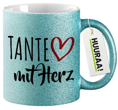 Produktbild von Huuraa Glitzertasse Tante mit Herz 330ml Blau Keramik Kaffeebecher Geschenkidee
