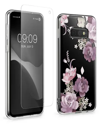 Immagine prodotto di custodia kwmobile compatibile con Samsung Galaxy S10e - Custodia in silicone trasparente - Con pellicola protettiva in vetro - Fiori e rose viola pastello