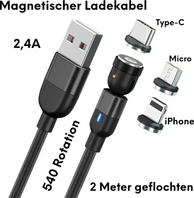 A product image showcasing a magnetic charging cable with various magnetic adapters for different phone types.