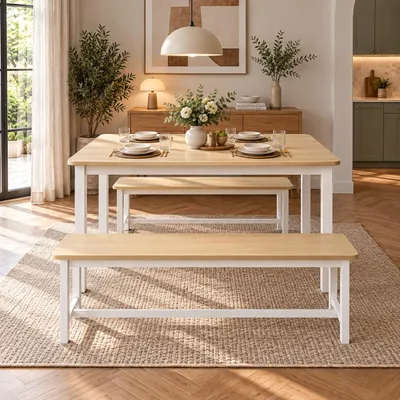 Obrázek produktu pro Jídelní stůl INONEFT se dvěma lavicemi, 3dílná jídelní sada, kuchyňský stůl 110x60x76 cm, 2 lavice o rozměrech 97x20x44 cm, ocelová konstrukce, vhodný do kuchyně i jídelny, Obrázek vytvořený pomocí AI