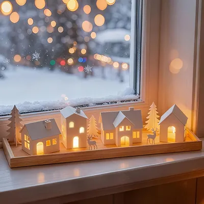 Produktbild von Weihnachtsdekoration für den Tisch: 4 Metallhäuser als Kerzenhalter mit 4 LED-Kerzen
