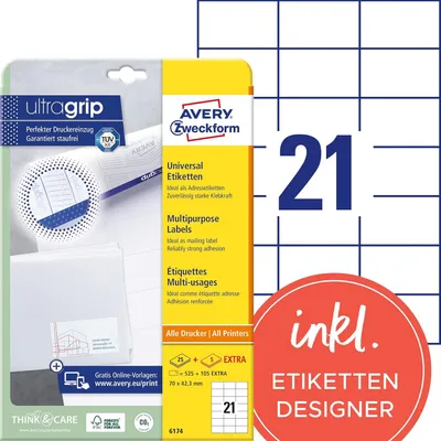 Obrázok produktu pre Avery Zweckform® 6174 6174 Univerzálne etikety ultragrip - 70 x 42,3 mm, biele, 630 etikiet, permanentné