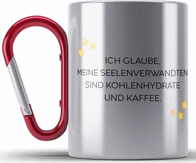 Produktbild von Trendation - Lustige Edelstahl Tasse Karabiner mit Spruch für Frauen Männer Arbeit Büro Lustig Edelstahl Tasse Karabinern Becher mit Sprüchen Kollegin Geschenk Sarkasmus Kohlenhydrathe und Kaffee (Rot)
