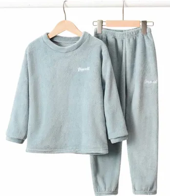 Produktbild von ASKSA Kinder Flauschige Schlafanzug Jungen Maedchen Schlafanzuege Warme Fleece Pyjama Set Winter Langarm Nachtwaesche Flanell Pyjama,Blau,Groesse:160