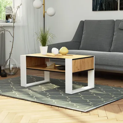 Produktbild von Couchtisch – Wohnzimmertisch – Kaffetisch für Wohnzimmer – DOMI – Craft Eiche / Weiß – 92 cm – Moderner Wohnzimmertisch mit praktischer Ablage