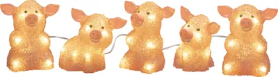A string of five illuminated pig-shaped lights.