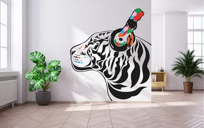 Produktbild von Decords Wandtattoo – denkender Tiger mit Kopfhörern im Street-Art-Stil, 99 x 86 cm