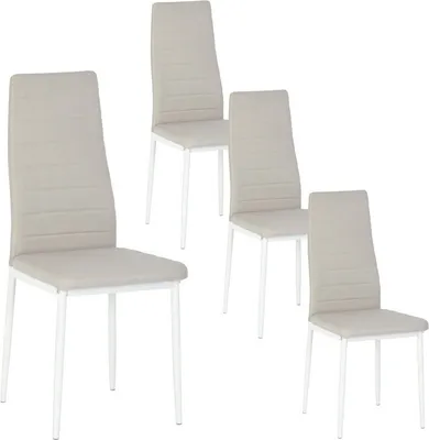 Four dining chairs are arranged on a white background.