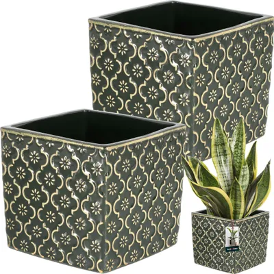 A collage showing two dark green ceramic planters with a gold floral pattern, and a third planter with a snake plant inside.