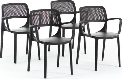 Image de Set de 4 chaises avec accoudoirs en résine de verre renforcée, design classique, empilables pour jardin, bar, restaurant, cuisine - Erika - Noir