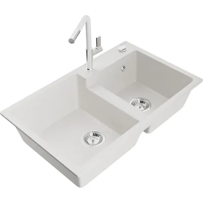 Obrázek produktu pro Mexen Tomas 2-miskový granitový dřez s kuchyňskou baterií Flora, Bílá - 6516-20-670401-02
