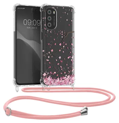 Produktbild von kwmobile Necklace Case kompatibel mit Motorola Moto G52 / Moto G82 5G Hülle - Silikon Cover mit Handykette - Rosa Dunkelbraun Transparent