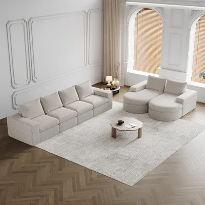 Image de Canapé en chenille avec éléments incurvés et chaise longue, entièrement compressé et sans structure, canapé modulable en L, canapé en mousse compressée, ensemble deux pièces, beige