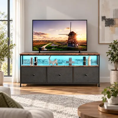 Productafbeelding van INONEFT Kleine TV-kast met LED-verlichting, TV-standaard met 3 lades, TV-meubel voor woonkamer, slaapkamer, hal, 108x30x57 cm, zwart