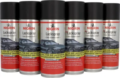 Produktbild von NIGRIN Lackspray, 6 x 400 ml, mattschwarzer Autolack, schützt Felgen und Karosse