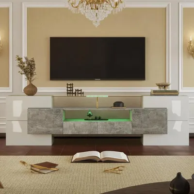 Immagine prodotto di Mobile TV a basso con superficie in vetro e illuminazione LED, 200 cm, bianco/grigio