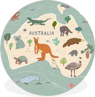 Produktbild von MuchoWow® Rundes Wandbild - Runde Bilder Weltkarte Kinder - Tiere - Australien - Jungen - Blau - Kinder Ø 30 cm Kreis Wanddekoration Kunststoff - Wandkreis - Wandschmuck - Schlafzimmer - Bilder - Der Kreis - Kunst für die Wohnung - Plastik - Kunstdruck - Wandbild