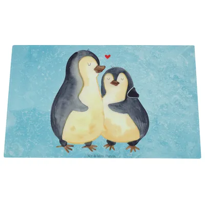 Produktbild von Mr. & Mrs. Panda Hackbrett Pinguin umarmen - Eisblau - Geschenk, schneidbrett, Liebe, Schneidebrett Glas, Verknallt, Hochzeitstag, Hochzeit, Schneidplatte