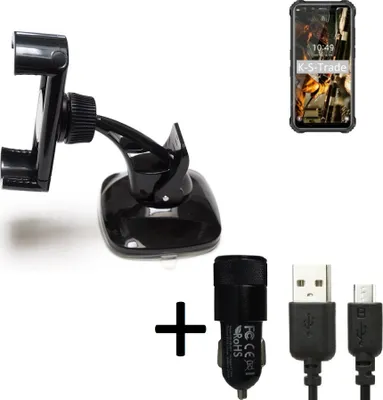 Produktbild von K-S-Trade Halterung kompatibel mit Oukitel WP9 Windschutzscheibe / Armaturenbrett + LADEGERÄT mit Mico USB Kabel Autohalterung KFZ Halter