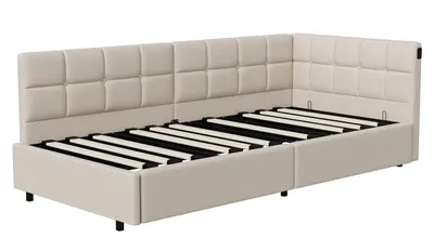 Zdjęcie produktu dla Rozkładana sofa – sofa do codziennego użytku 90 x 200 cm – oświetlenie LED – gniazdo USB – obicie aksamitne – stelaż z listew – drewniana rama – skandynawski design – beżowy