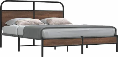 Image de Lit double exclusif - Structure de lit sans matelas, dimensions 150x200 cm, finition imitation chêne, couleur marron